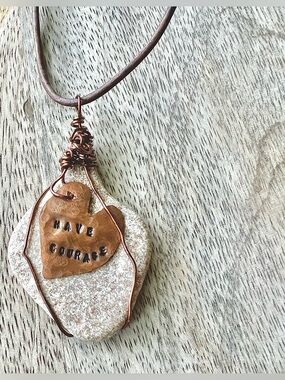 Have Courage Heart Pendant Necklace - Copper Heart & Beach Stone Handmade NEW